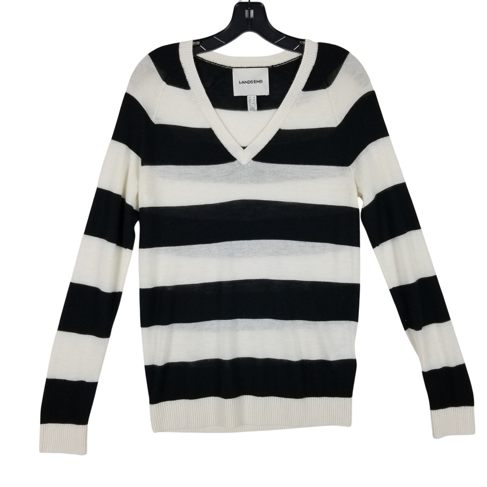 Lands End Cashmere Sweater Women Medium Black Ivory Striped V-Neck Pullover
